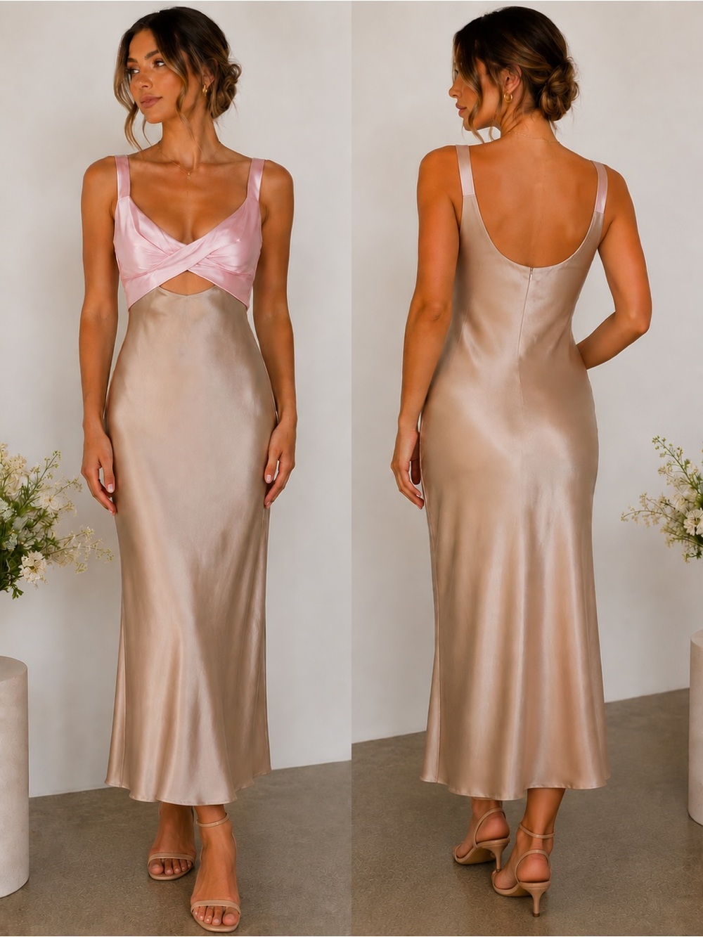 Fortunate One Two-Tone Satin Slip Dress in Blush and Champagne